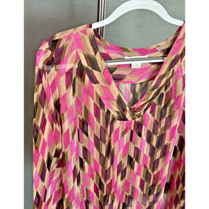 LIZ CLAIBORNE Long Sleeve V-Neck Blouse Sheer Purple Pink Tan Size 2X